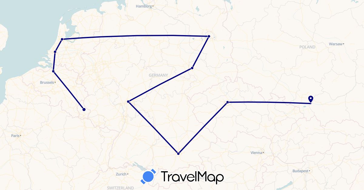 TravelMap itinerary: driving in Belgium, Czech Republic, Germany, Luxembourg, Netherlands, Poland (Europe)