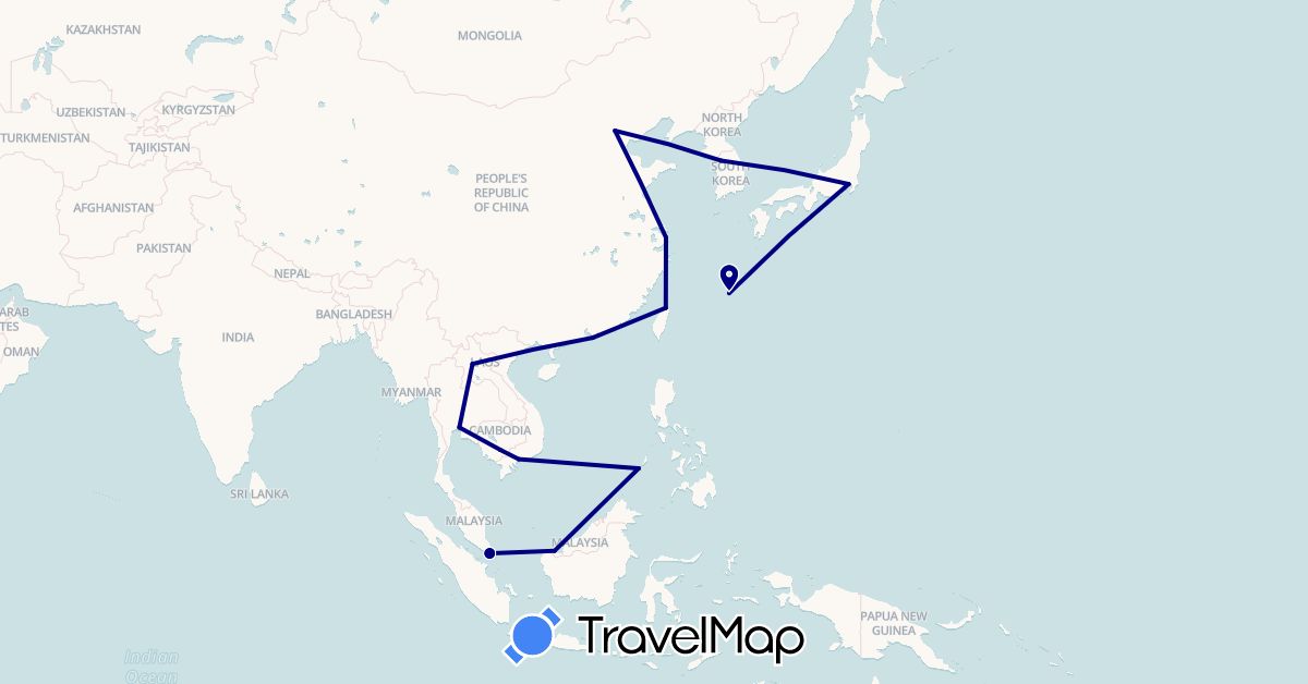 TravelMap itinerary: driving in China, Japan, Cambodia, South Korea, Laos, Malaysia, Philippines, Singapore, Thailand, Taiwan, Vietnam (Asia)
